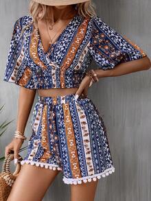 SHEIN VCAY Allover Print Surplice Neck Crop Top & Shorts - Multicolor - View 6