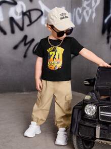 男嬰汽車和字母圖案T恤和翻蓋口袋長褲套裝 - 黑色 - 查看 3
