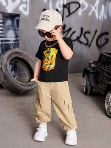 男嬰汽車和字母圖案T恤和翻蓋口袋長褲套裝 - 黑色 - 查看 5