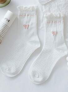 ROMWE Kawaii 3雙女士蝴蝶結圖案褶邊可愛中筒襪 - 白色 - 查看 4
