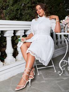 Đầm Plus Size Thắt lưng Sò điệp Tranh thêu màu trơn Thanh lịch - trắng - Xem 6