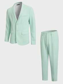 Manfinity RebelGame Men Solid Blazer & Suit Trousers Set - Mint Green - View 1