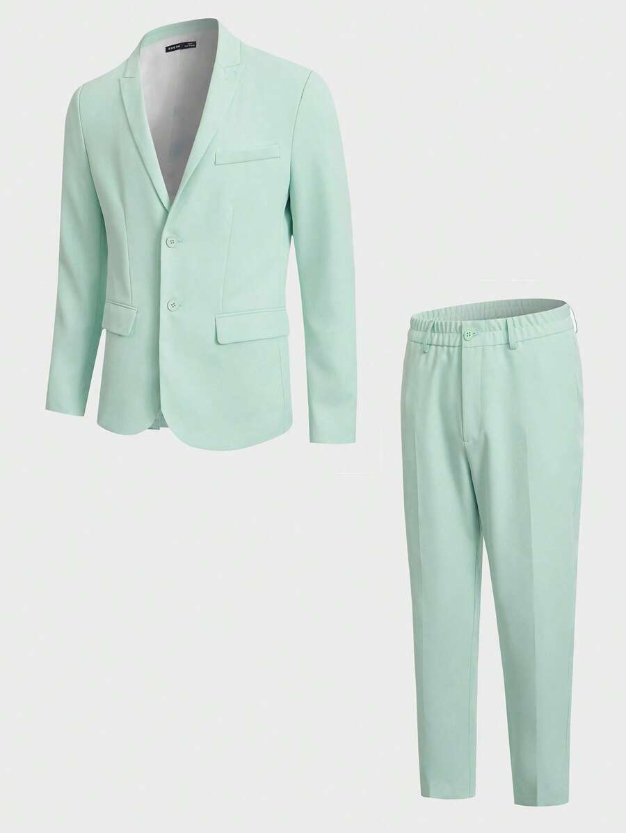 Manfinity RebelGame Men Solid Blazer & Suit Trousers Set - Mint Green - View 1