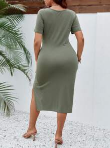 SHEIN VCAY Đầm Plus Size xoắn lại Tách cao màu trơn Thanh lịch - xanh quân đội - Xem 2