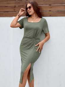 SHEIN VCAY Đầm Plus Size xoắn lại Tách cao màu trơn Thanh lịch - xanh quân đội - Xem 5