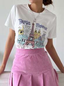 DAZY 建筑和字母图案T恤，返校服装 - 白色 - 查看 6