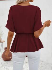 SHEIN Clasi 素色蝙蝠袖腰帶襯衫 - 紅色 - 查看 2