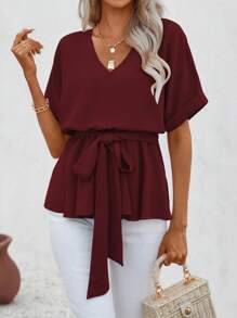 SHEIN Clasi 素色蝙蝠袖腰帶襯衫 - 紅色 - 查看 3
