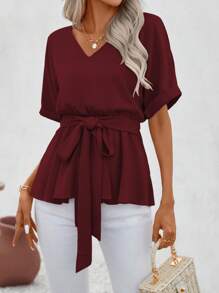 SHEIN Clasi 素色蝙蝠袖腰帶襯衫 - 紅色 - 查看 4