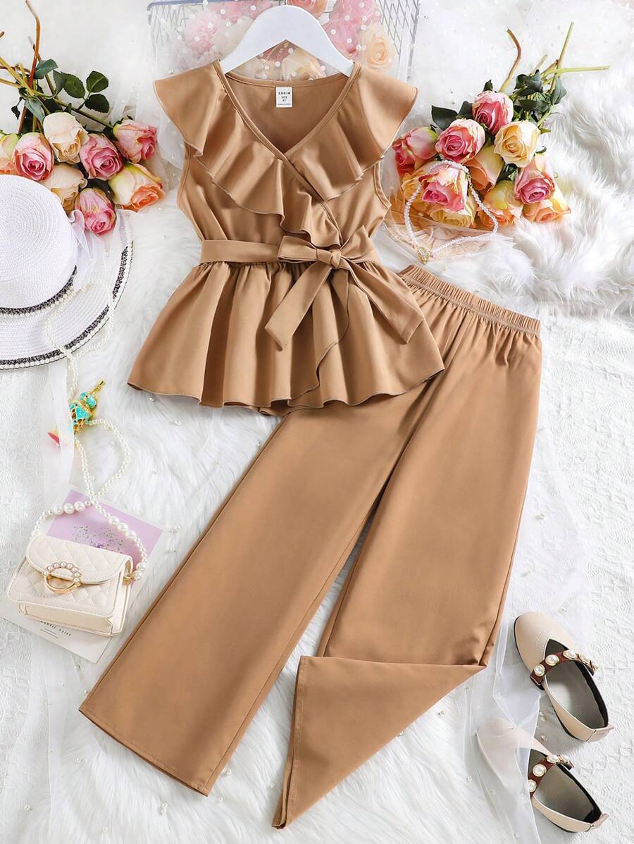 SHEIN Tween Girl Ruffle Trim Belted Top & Wide Leg Pants Set