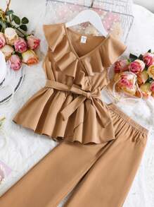 SHEIN Tween Girl Ruffle Trim Belted Top & Wide Leg Pants Set