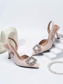 Phụ Nữ Kim Cương Giả Trang Trí Slingback Bơm Giả Da Lộn Điểm Mũi Nhọn Gót Quyến Rũ Bơm Baby Pink - Màu Hồng baby - Xem 4
