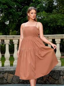 D&M 大碼後背繫帶荷葉邊吊帶連衣裙 - 藕粉色 - 查看 3