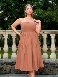 D&M 大碼後背繫帶荷葉邊吊帶連衣裙 - 藕粉色 - 查看 5