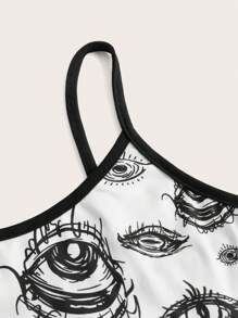 ROMWE Grunge Punk 眼睛印花对比绑带吊带背心，学校 - 黑與白 - 查看 3