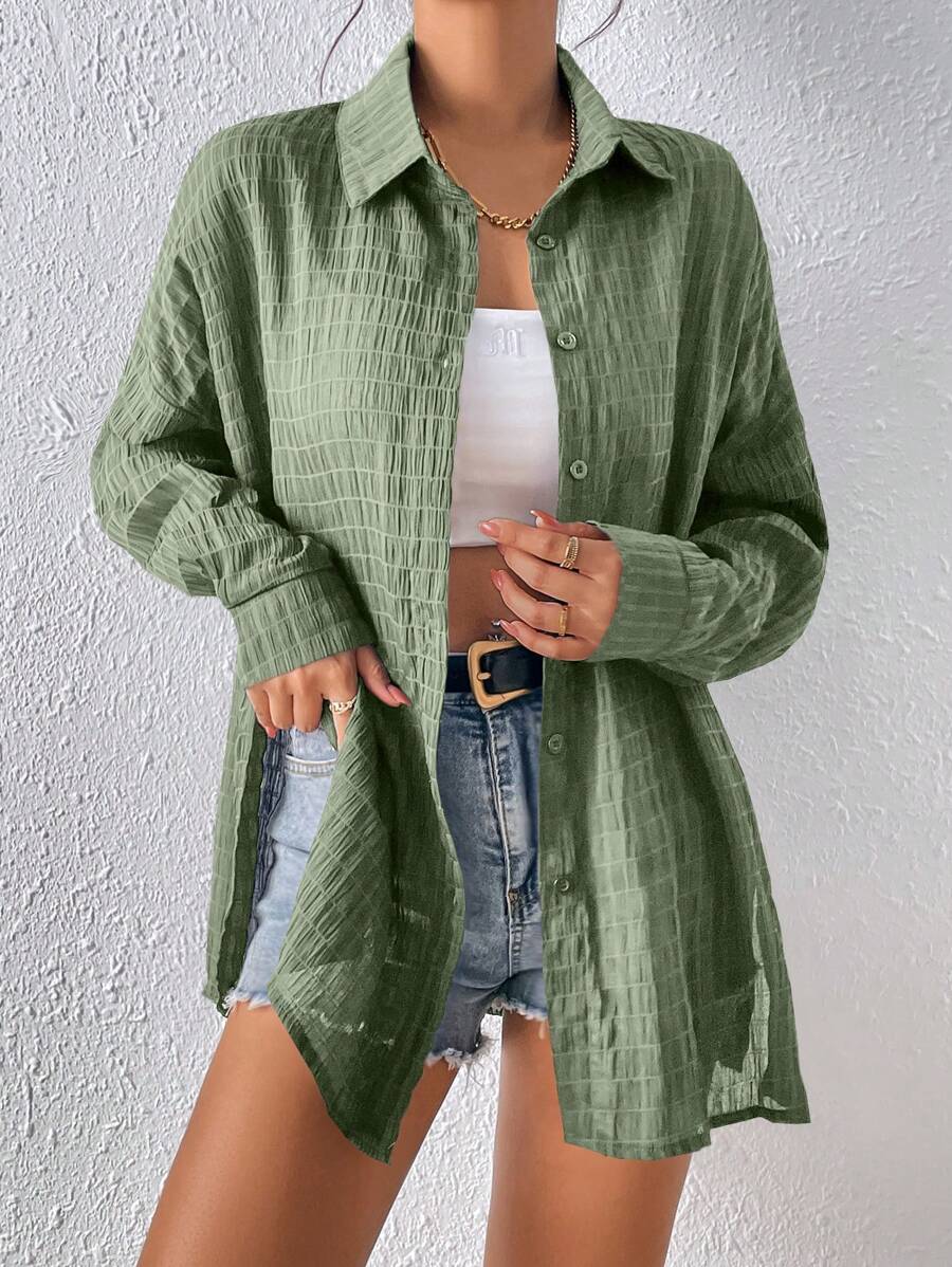 Chiquease 落肩袖前紐扣襯衫 - 綠色 - 查看 1