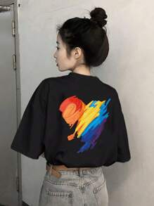 Camiseta de hombros caídos con estampado - Negro - Ver 1