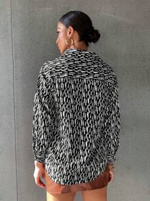 GENKIRA 全身印花纽扣前衬衫工作服优雅商务休闲女士纽扣衬衫女士 - 黑與白 - 查看 2