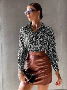 GENKIRA 全身印花纽扣前衬衫工作服优雅商务休闲女士纽扣衬衫女士 - 黑與白 - 查看 3