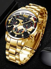 1入組男士三錶盤石英表和1入組手環 - 金色 - 查看 2