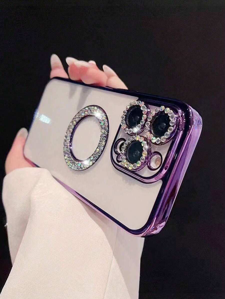 水鑽裝飾撞色框透明手機殼相容 iPhone15/15Plus/15Pro/15Promax - 紫色 - 查看 1