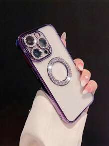 水鑽裝飾撞色框透明手機殼相容 iPhone15/15Plus/15Pro/15Promax - 紫色 - 查看 2