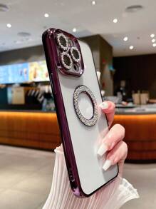 水鑽裝飾撞色框透明手機殼相容 iPhone15/15Plus/15Pro/15Promax - 紫色 - 查看 4