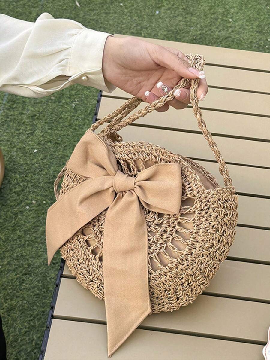 蝴蝶結裝飾草編斜挎包藤編織時尚針織夏季沙灘單肩包,完美適合夏天海灘旅行度假 - 卡其色 - 查看 1