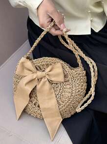 蝴蝶結裝飾草編斜挎包藤編織時尚針織夏季沙灘單肩包,完美適合夏天海灘旅行度假 - 卡其色 - 查看 8