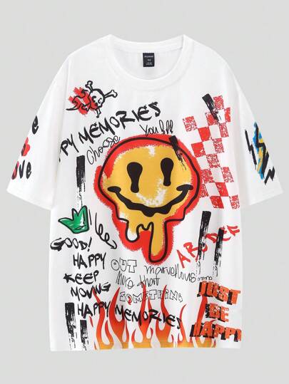 Street Life Men Cartoon & Slogan Graphic Drop Shoulder Y2k T-Shirt, School