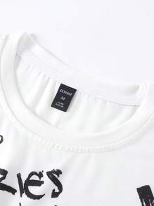 ROMWE MEN Street Life Camiseta escolar de estilo Y2K con hombros caídos, estampado gráfico de dibujos animados y eslogan para hombres - Blanco - Ver 5