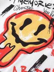 ROMWE MEN Street Life Camiseta escolar de estilo Y2K con hombros caídos, estampado gráfico de dibujos animados y eslogan para hombres - Blanco - Ver 8