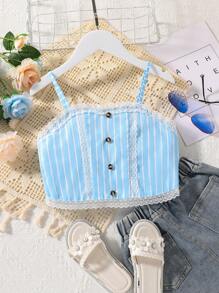 SHEIN 女孩條紋印花蕾絲邊吊帶上衣 - 藍色 - 查看 1