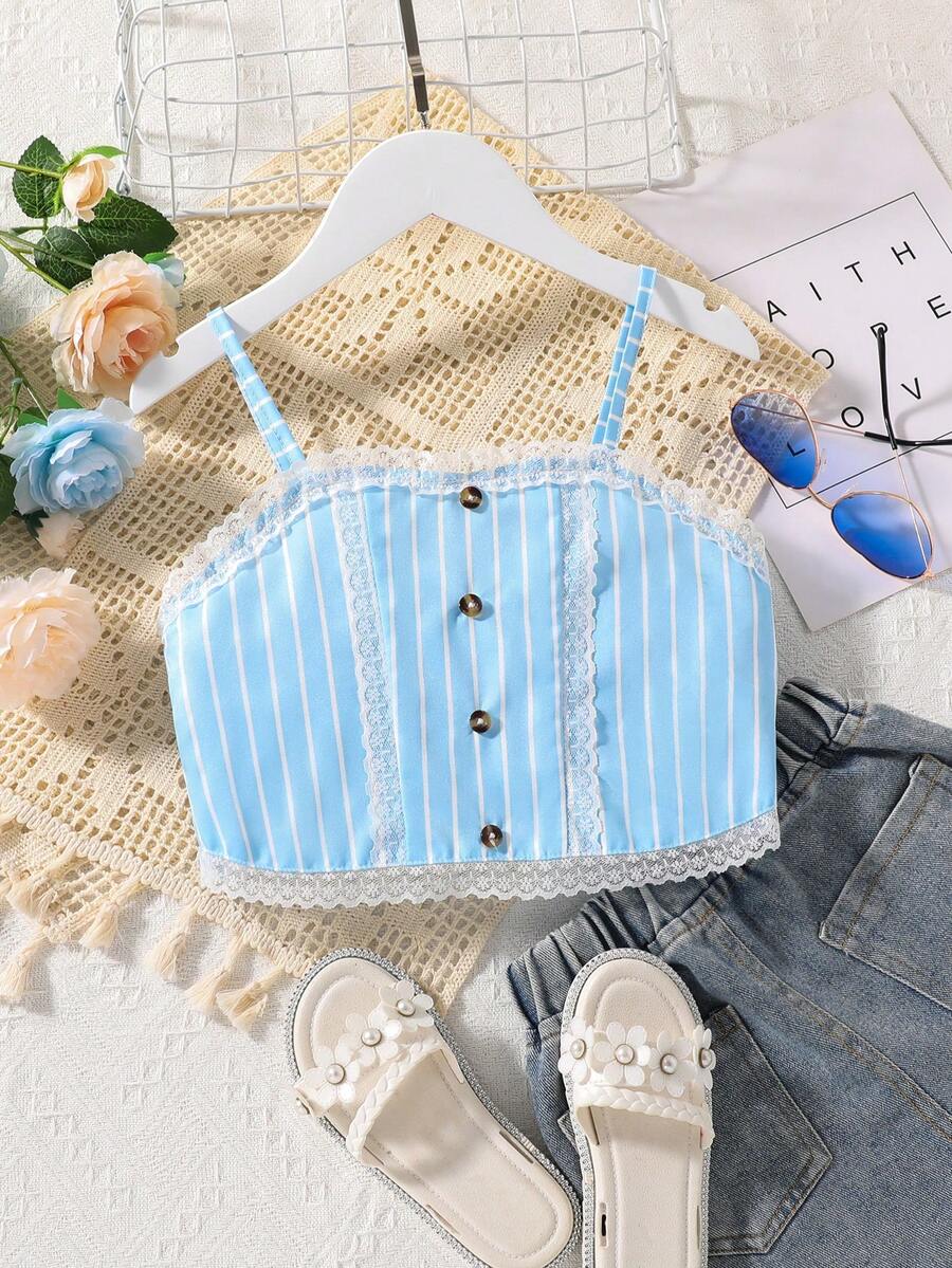 SHEIN 女孩條紋印花蕾絲邊吊帶上衣 - 藍色 - 查看 1