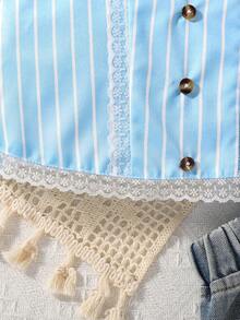 SHEIN 女孩條紋印花蕾絲邊吊帶上衣 - 藍色 - 查看 4