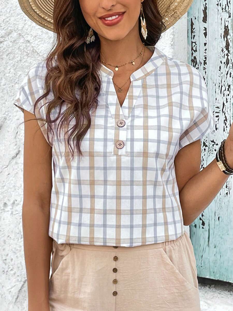 EMERY ROSE Summer Vacation Casual Plaid Notched Neck Shirt