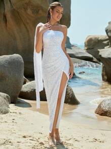 One Shoulder Draped Side Split Thigh Sequin Dress - White - View 1