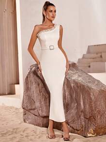 單肩褶邊緊身連衣裙 - 白色 - 查看 4