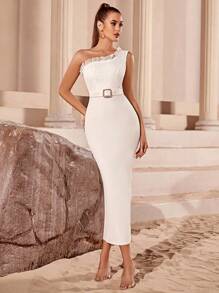 單肩褶邊緊身連衣裙 - 白色 - 查看 5