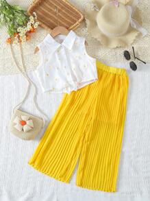 SHEIN 小女童印花下擺打結襯衫和百褶長褲 - 彩色 - 查看 1