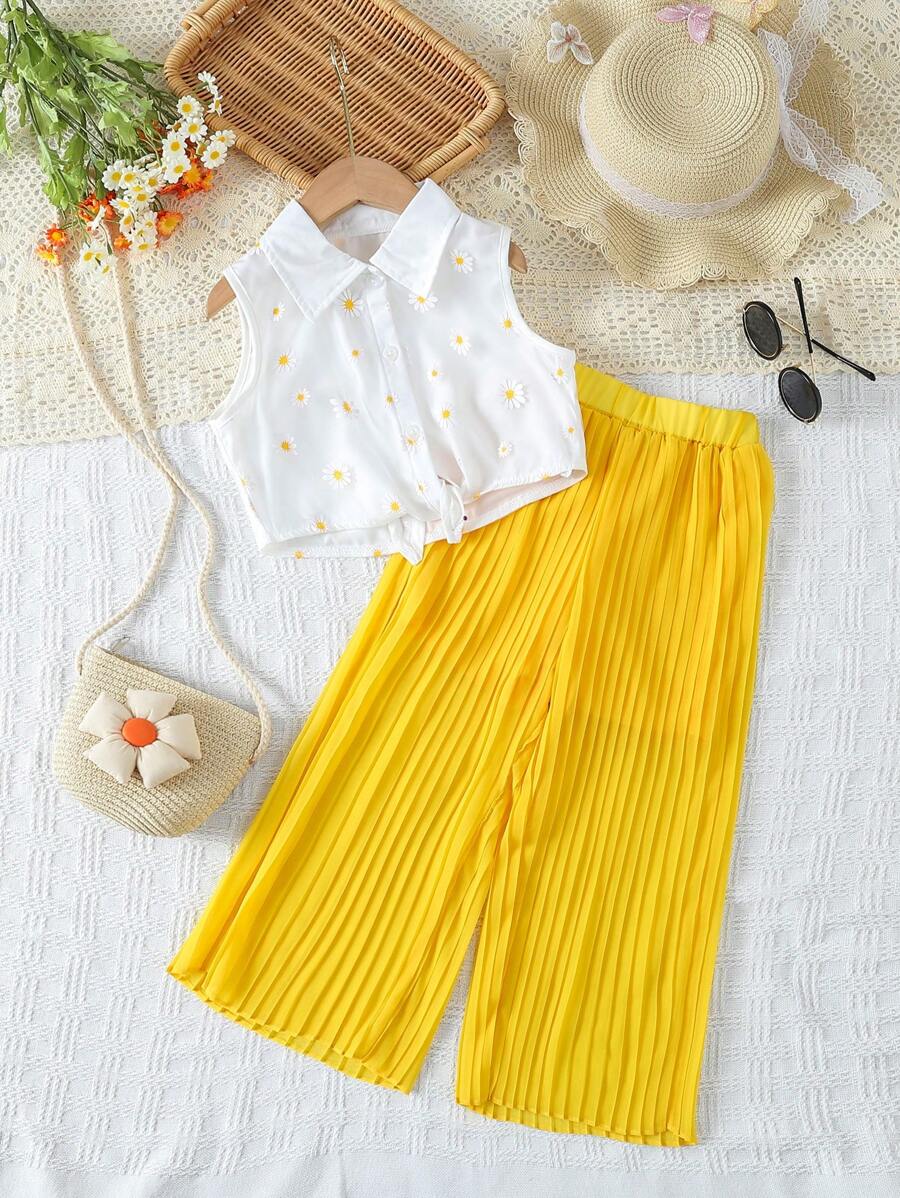 SHEIN 小女童印花下擺打結襯衫和百褶長褲 - 彩色 - 查看 1