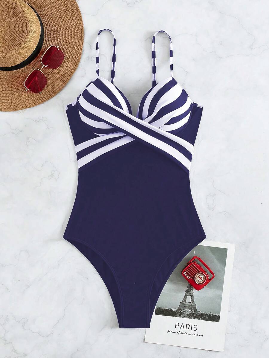SHEIN Swim 夏季条纹扭纹聚拢连体泳衣 - 藏蓝色 - 查看 1