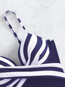 SHEIN Swim 夏季条纹扭纹聚拢连体泳衣 - 藏蓝色 - 查看 3