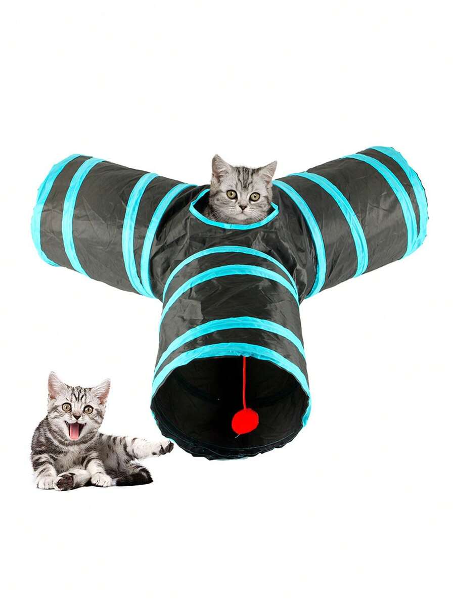1pc Striped Pattern Cat Tunnel, Black Polyester Foldable Pet Toy For Household - Black - View 1