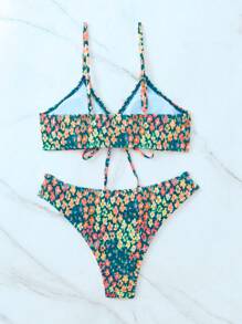 Bộ Bikini Nữ Thêu Smock Thắt nơ trước Hoa - Màu xanh ngọc - Xem 2