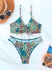 Bộ Bikini Nữ Thêu Smock Thắt nơ trước Hoa - Màu xanh ngọc - Xem 3