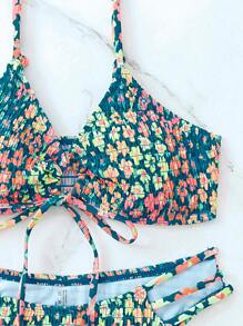 Bộ Bikini Nữ Thêu Smock Thắt nơ trước Hoa - Màu xanh ngọc - Xem 4