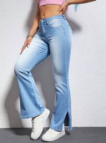 SHEIN EZwear 下擺開叉牛仔喇叭褲 - 淺色水洗藍 - 查看 4