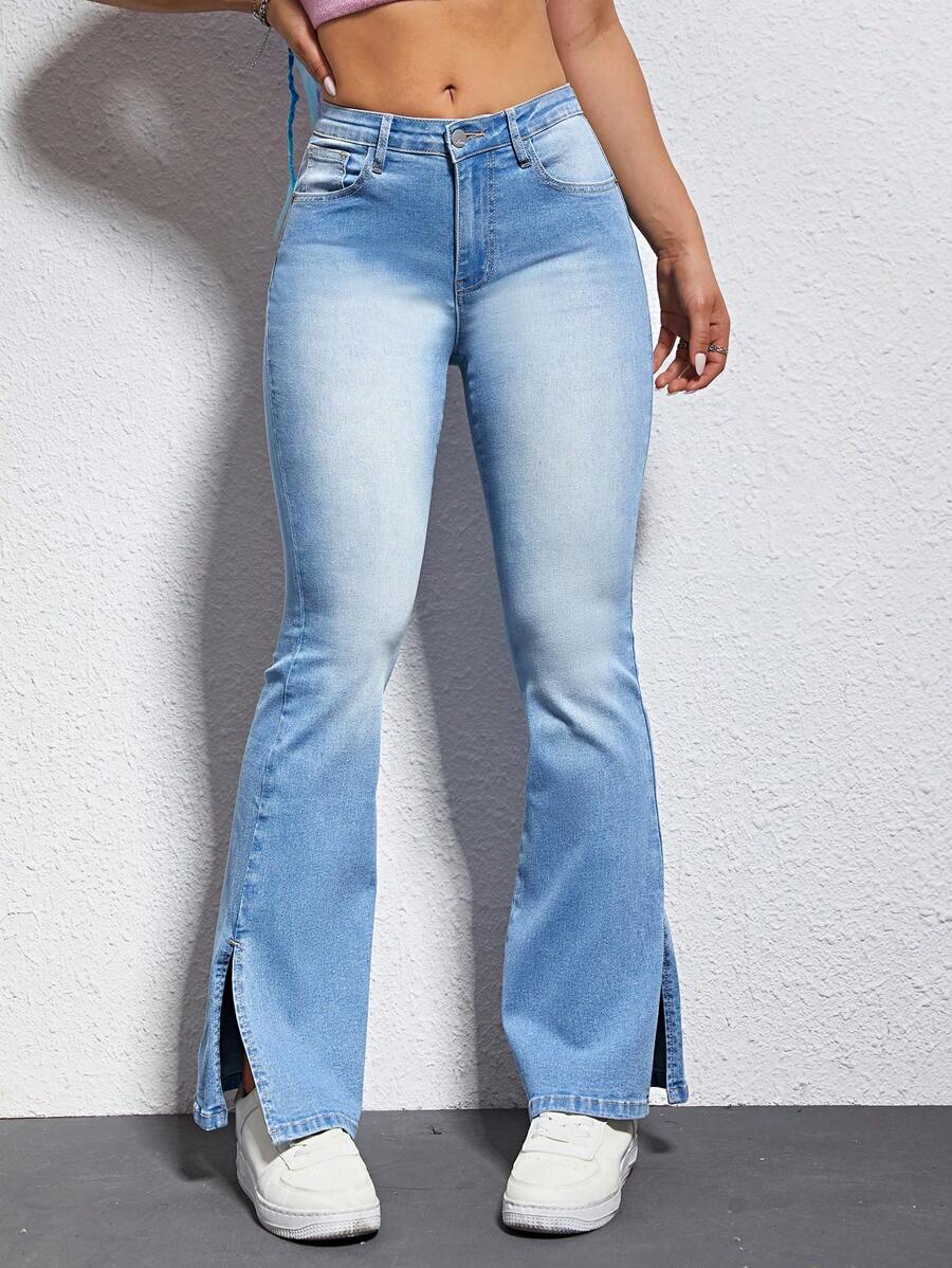 SHEIN EZwear 下擺開叉牛仔喇叭褲 - 淺色水洗藍 - 查看 1