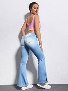 SHEIN EZwear 下擺開叉牛仔喇叭褲 - 淺色水洗藍 - 查看 5